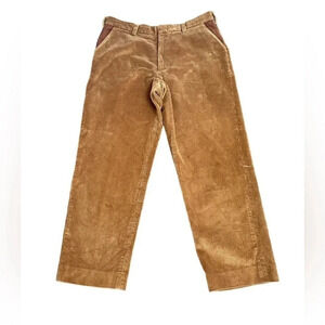 Orvis Dark Khaki Cotton Corduroy Pants Brown Leather Pockets Mens size 36 Waist
